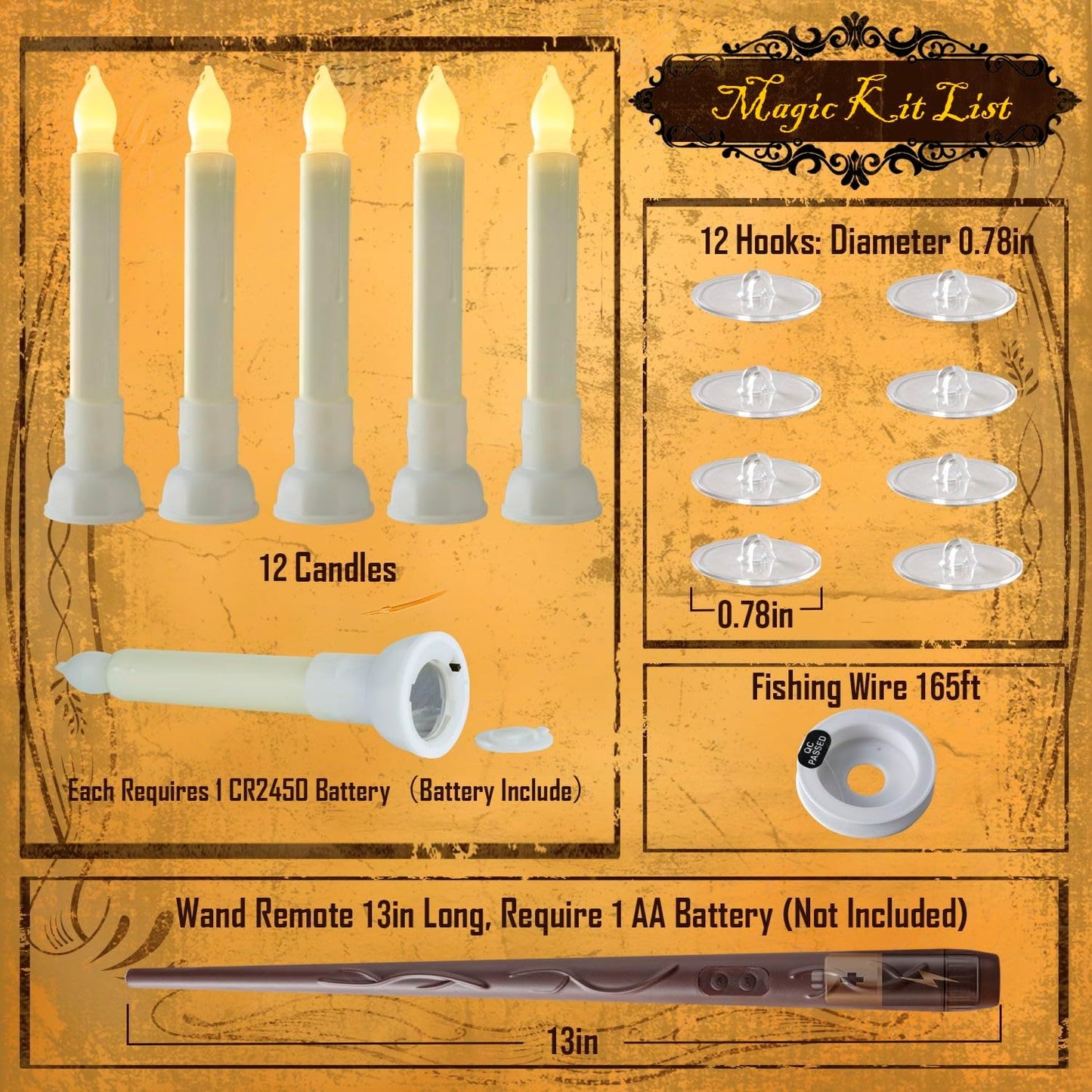 12 Pcs Hanging Floating Candles with Wand Remote (Battery Include), Magic Deco Candles, Flameless Taper Candles Can Be Used as Window Candles for Halloween Party Decor, Warm White
