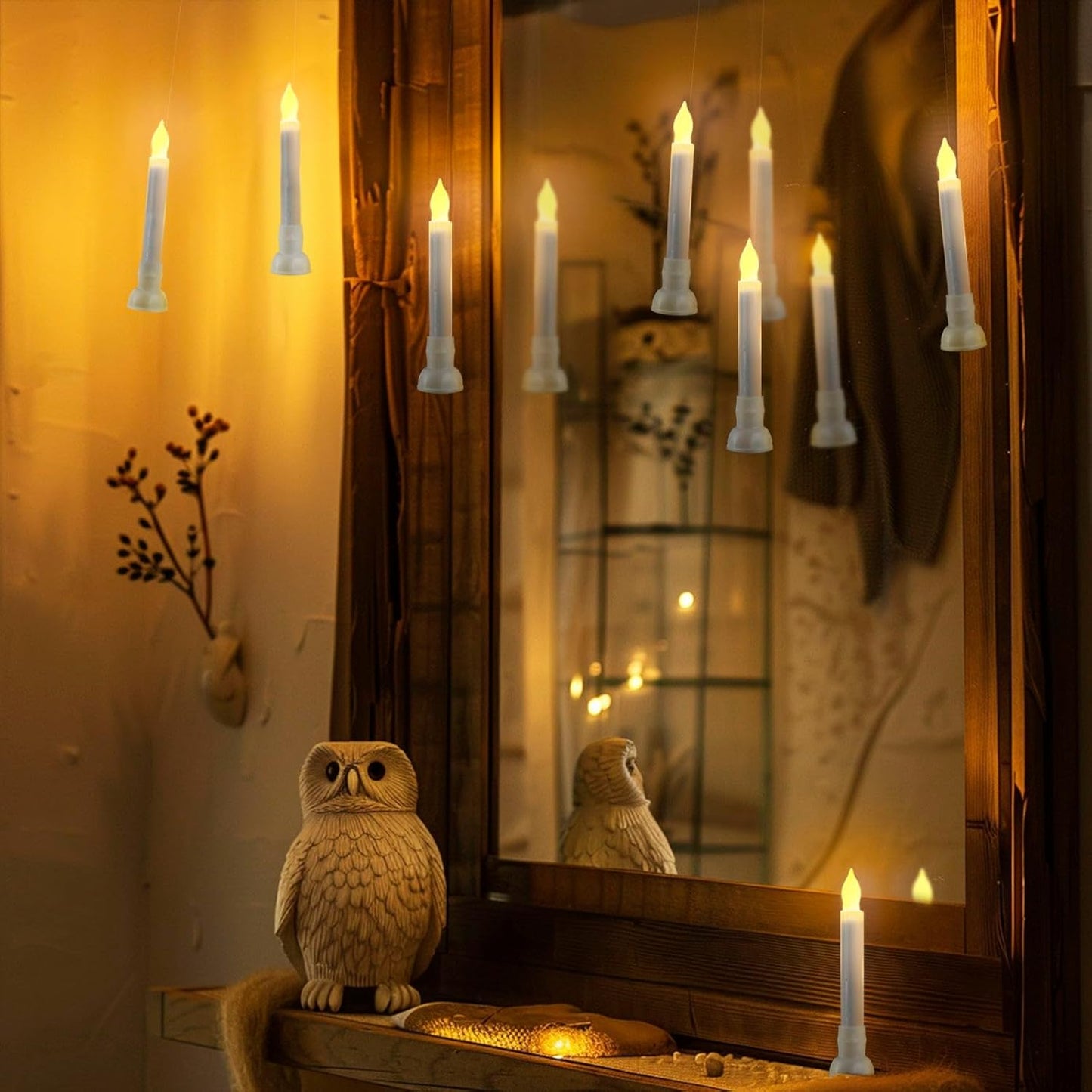 12 Pcs Hanging Floating Candles with Wand Remote (Battery Include), Magic Deco Candles, Flameless Taper Candles Can Be Used as Window Candles for Halloween Party Decor, Warm White