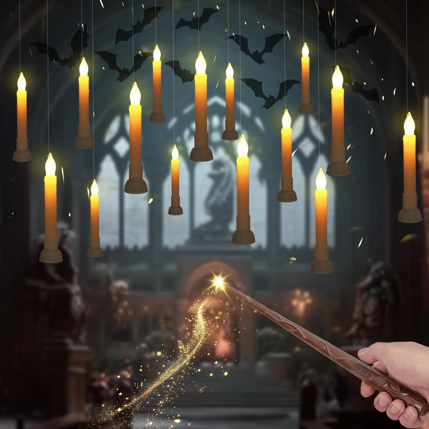 12 Pcs Hanging Floating Candles with Wand Remote (Battery Include), Magic Deco Candles, Flameless Taper Candles Can Be Used as Window Candles for Halloween Party Decor, Warm White